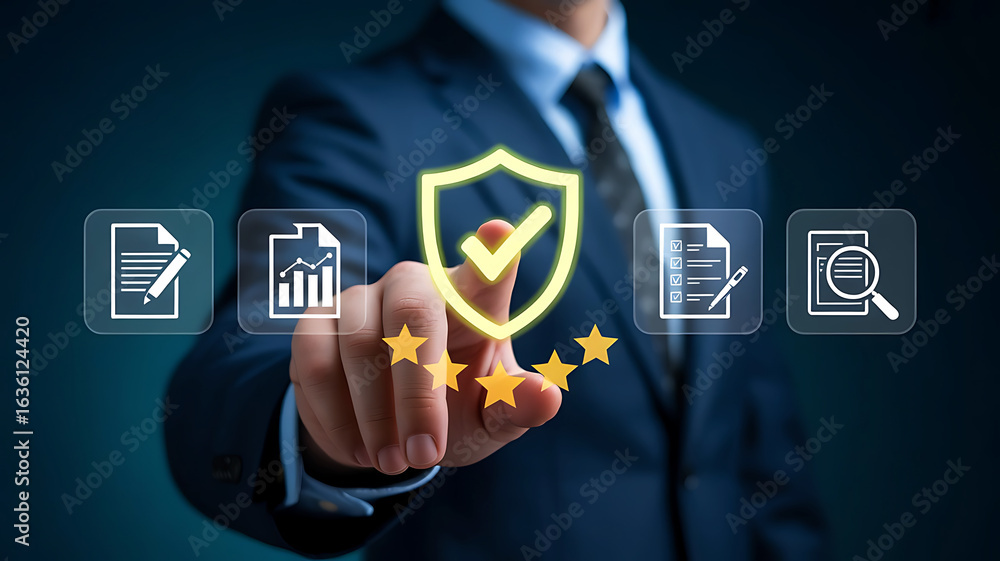 Poster businessman touching a digital interface with security shield and quality rating icons representing 
