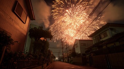 日本の住宅街から見上げる花火