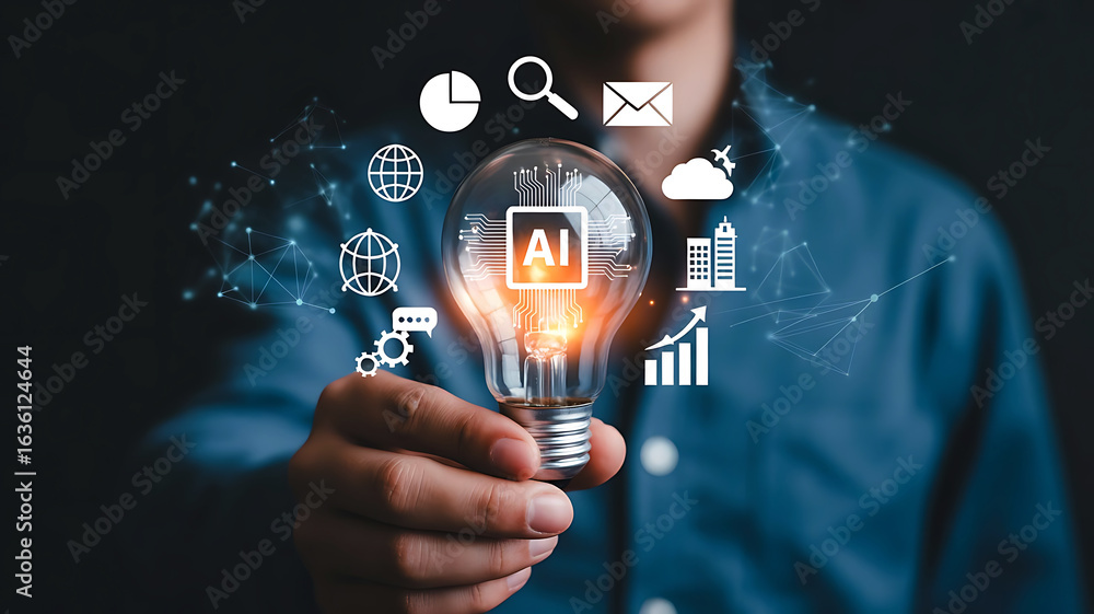 Poster man holding a glowing light bulb with ai symbol and digital icons representing business and technolo