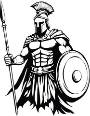 Obraz premium Vector logo ancient warrior with spear and shield, black and white heroic figure, crested helmet and cape design