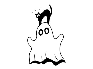 Cute spooky ghost with scared cat sitting on the head. Hand drawn Halloween doodle on isolated background. Funny ghost with cat.