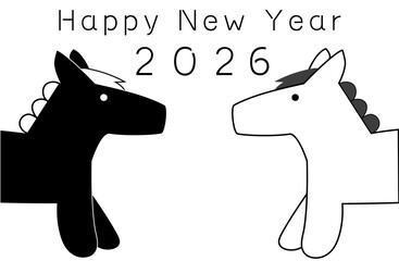 午年2026年　モノクロ年賀状　HappyNewYear