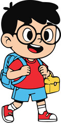 Cartoon child character, black hair, glasses, red shirt, blue shorts, walking pose, backpack, lunchbox, school outfit, animated student