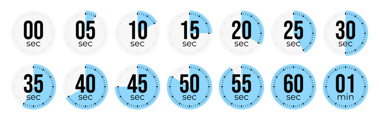 Second Timer, clock, stopwatch, Countdown timer, cooking time icon set. 0, 5, 10, 15, 20, 25, 30, 35, 40, 45, 50, 55, 60 second dial. Blue color isolated set, symbol. Vector illustration