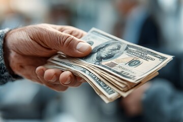 Hands swapping cash symbolize payments, deals, and secure money transfers in a studio shot.