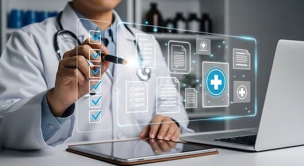 Doctor reviewing digital health records with touch screen technology