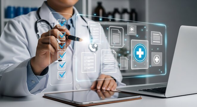 Doctor reviewing digital health records with touch screen technology