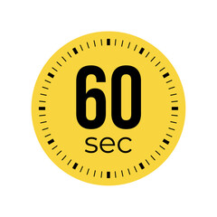 60 or sixty second timer, clock, stopwatch, time, countdown timer, cooking time icon. Yellow color dial representing time measurement, progress, deadline, chronometer, alarm, kitchen timer label.