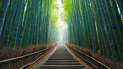 Fototapeta premium Bamboo forest pathway leading into a serene natural environment with vibrant green foliage