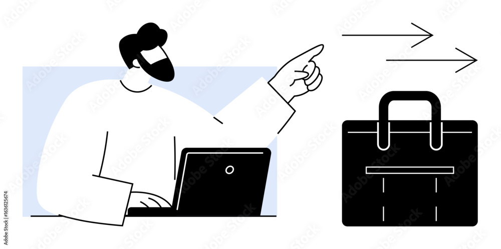 Aufkleber man working on laptop and gesturing towards a briefcase with arrows symbolizing transfer, decision, 