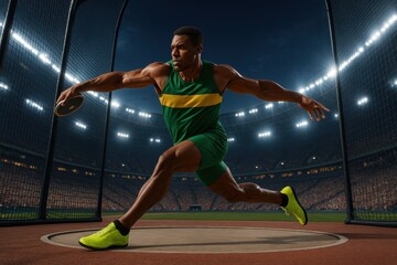 Athlete preparing to throw discus in illuminated stadium at night