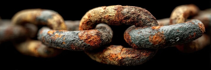 Rusty metal chain links showcasing wear and age against a dark background