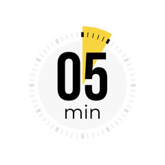 Five minute timer, clock, stopwatch, time, countdown timer, cooking time icon. Yellow color dial representing time measurement, progress, deadline, chronometer, alarm, kitchen timer label.