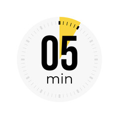 Five minute timer, clock, stopwatch, time, countdown timer, cooking time icon. Yellow color dial representing time measurement, progress, deadline, chronometer, alarm, kitchen timer label.