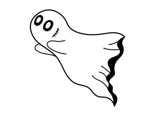 Cute ghost character. Halloween character. White ghost with black eyes, Cute spooky ghost. Isolated background. Vector illustration