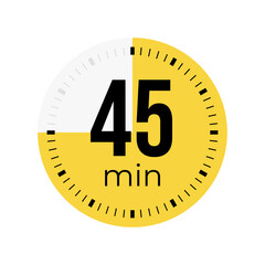 Forty five minute timer, clock, stopwatch, time, countdown timer, cooking time icon. Yellow color dial representing time measurement, progress, deadline, chronometer, alarm, kitchen timer label.
