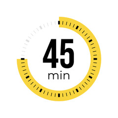 Forty five minute timer, clock, stopwatch, time, countdown timer, cooking time icon. Yellow color dial representing time measurement, progress, deadline, chronometer, alarm, kitchen timer label.