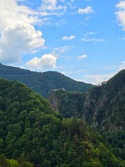 Poenari Citadel on cliff top among green forest mountains, seen from the Transfagarasan Road....