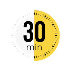 Thirty minute timer, clock, stopwatch, time, countdown timer, cooking time icon. Yellow color dial representing time measurement, progress, deadline, chronometer, alarm, kitchen timer label.