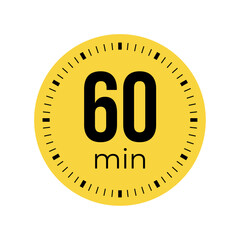 Sixty minute timer, clock, stopwatch, time, countdown timer, cooking time icon. Yellow color dial representing time measurement, progress, deadline, chronometer, alarm, kitchen timer label.