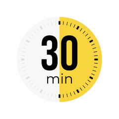 Thirty minute timer, clock, stopwatch, time, countdown timer, cooking time icon. Yellow color dial representing time measurement, progress, deadline, chronometer, alarm, kitchen timer label.