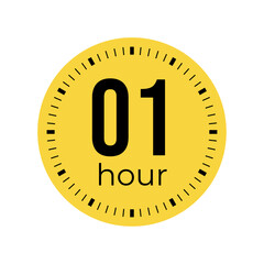 One hour timer, clock, stopwatch, time, countdown timer, cooking time icon. Yellow color dial representing time measurement, progress, deadline, chronometer, alarm, kitchen timer label.