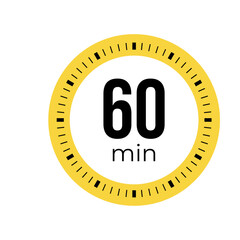 Sixty minute timer, clock, stopwatch, time, countdown timer, cooking time icon. Yellow color dial representing time measurement, progress, deadline, chronometer, alarm, kitchen timer label.