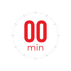 Zero minute timer, clock, stopwatch, time, countdown timer, cooking time icon. Red color dial representing time measurement, progress, deadline, chronometer, alarm, kitchen timer label.