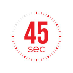 45 or forty five second timer, clock, stopwatch, time, countdown timer, cooking time icon. Red color dial representing time measurement, progress, deadline, chronometer, alarm, kitchen timer label.
