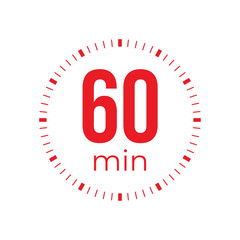 Sixty minute timer, clock, stopwatch, time, countdown timer, cooking time icon. Red color dial representing time measurement, progress, deadline, chronometer, alarm, kitchen timer label.
