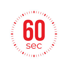 60 or sixty second timer, clock, stopwatch, time, countdown timer, cooking time icon. Red color dial representing time measurement, progress, deadline, chronometer, alarm, kitchen timer label.