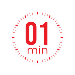 One minute timer, clock, stopwatch, time, countdown timer, cooking time icon. Red color dial representing time measurement, progress, deadline, chronometer, alarm, kitchen timer label.