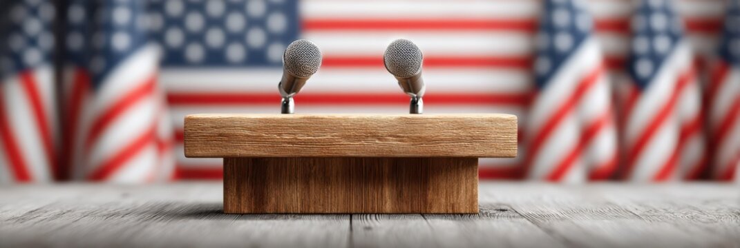 Podium with microphones in front of American flags for public speaking event in a formal setting