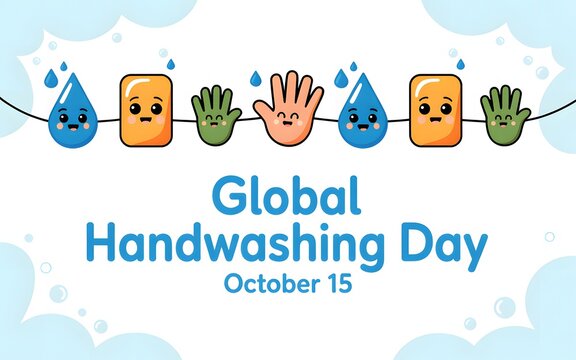Cute cartoon characters celebrating global handwashing day with soap and water