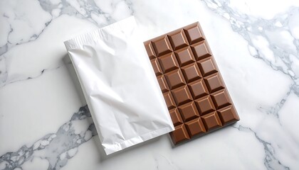 Chocolate Bar and Packaging Mockup on Marble Surface