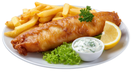 Crispy fish fillet, golden fries, tartar sauce, lemon wedge, and fresh lettuce on white plate create classic, appetizing seafood meal with comforting, inviting presentation