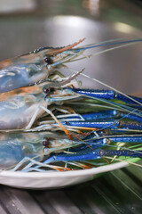Close-up of fresh giant river prawn heads on plate