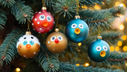 Whimsical Flock of Colorful Bird-Faced Ornaments on a Festive Christmas Tree