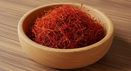 Fototapeta premium Closeup of Fresh Saffron in Bowl on Wooden Table – Luxury Cooking Spice.