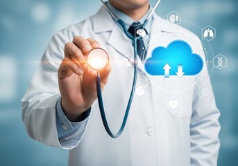 Doctor using stethoscope with cloud computing technology