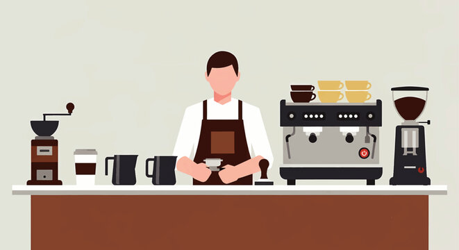 Male barista in an apron preparing espresso at a coffee shop counter with professional equipment. Vector illustration of a cafe worker.
