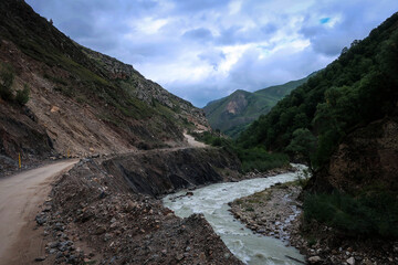 Mountain road view with river near El-Tyubyu villagge, Kabardino-Balkaria, Russia
