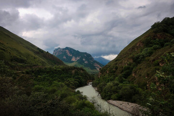 Mountain road view with river near El-Tyubyu villagge, Kabardino-Balkaria, Russia