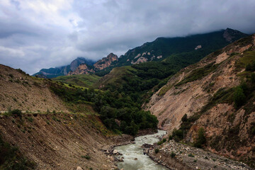 Mountain road view with river near El-Tyubyu villagge, Kabardino-Balkaria, Russia