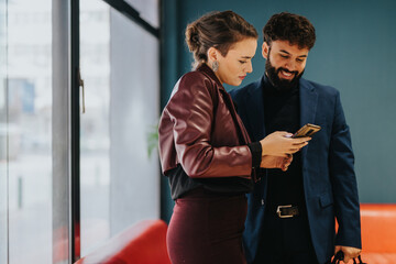 Two professionals engage over a smart phone screen, fostering discussion in a sleek office setting.