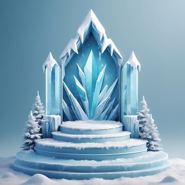 Majestic frozen ice palace throne with ornate icy pillars and snow covered steps in a winter wonderland landscape