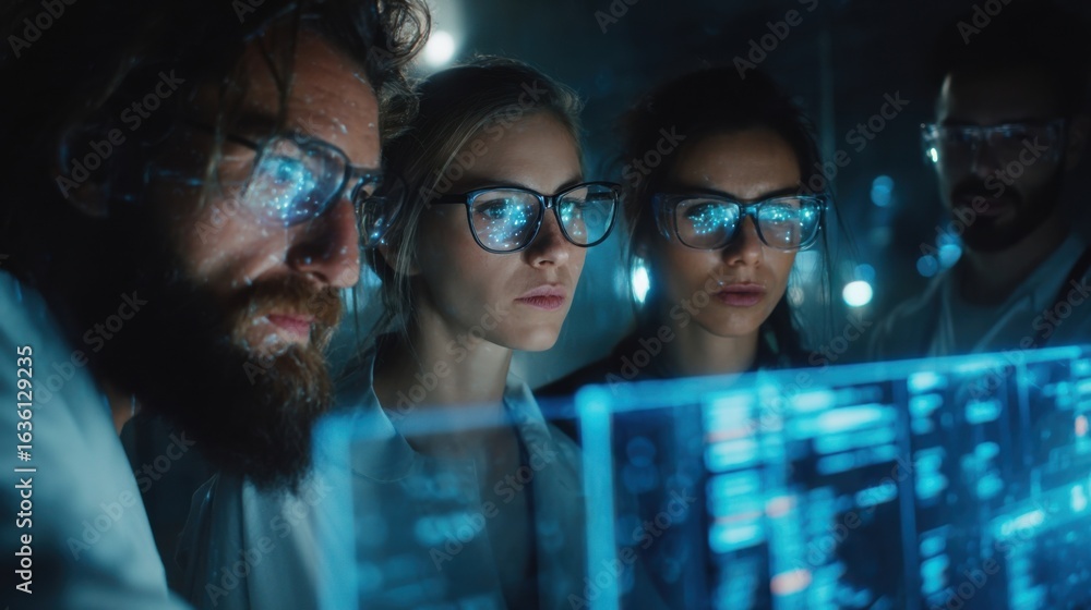 Poster a group of scientists collaborating around a digital interface their focused expressions illuminated