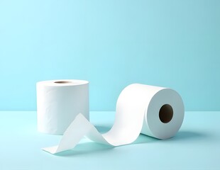 Two white toilet rolls on light blue background, one upright, one on side with paper unrolled, soft side light. 4:3