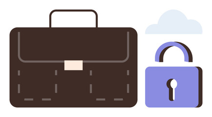 Brown briefcase, blue unlocked padlock, and cloud symbolizing data security, access, and business flexibility. Ideal for management, privacy, cloud computing, cybersecurity career updates simple