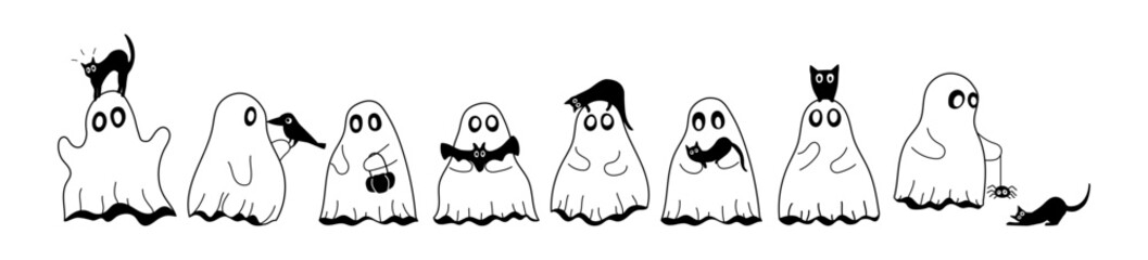 Cute ghost character set with cat, bat, crow, spider and owl. Halloween character on different scenes. White ghost with black eyes, Cute spooky ghost. Isolated background. Vector illustration
